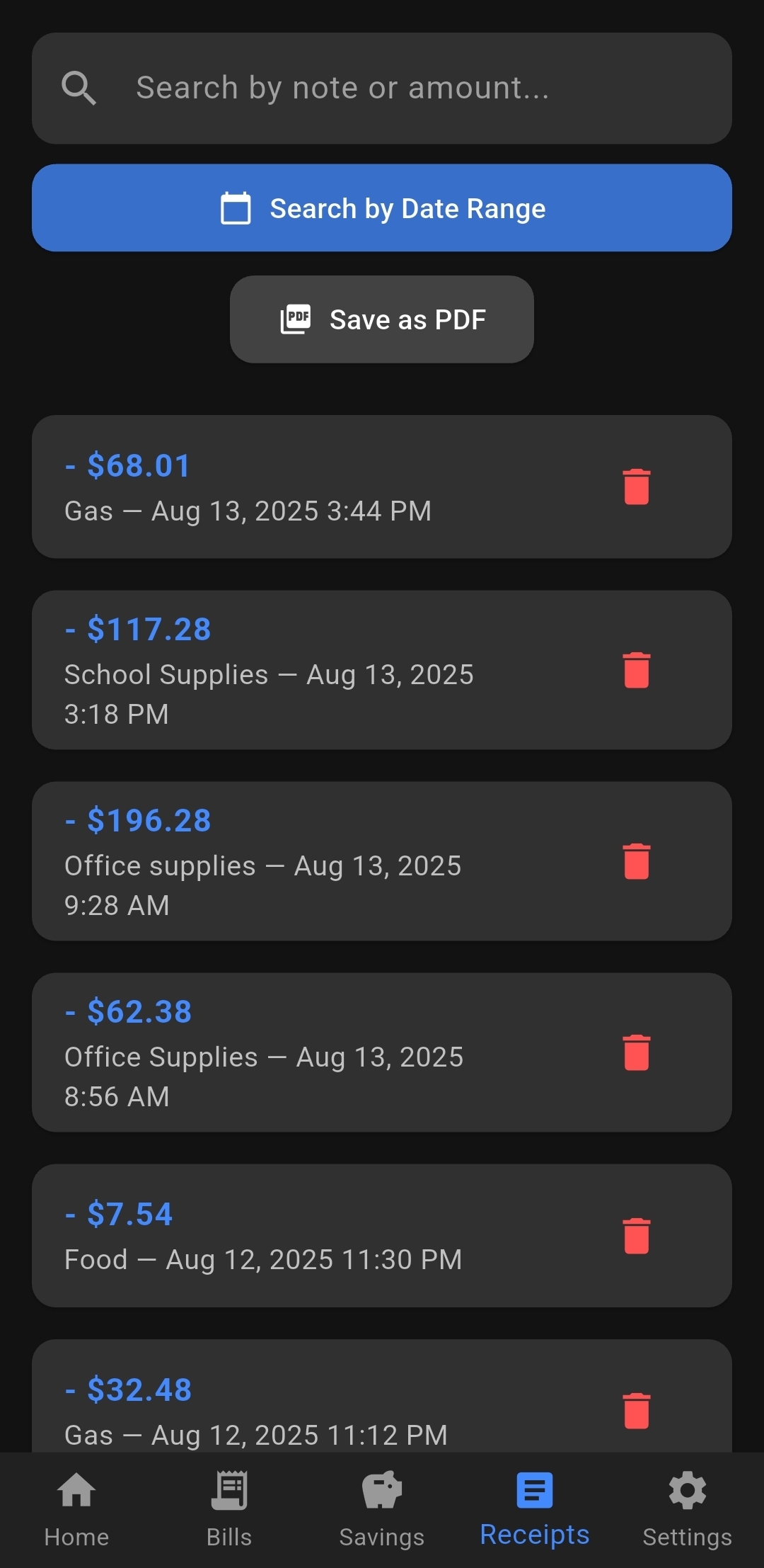 Receipts & PDF